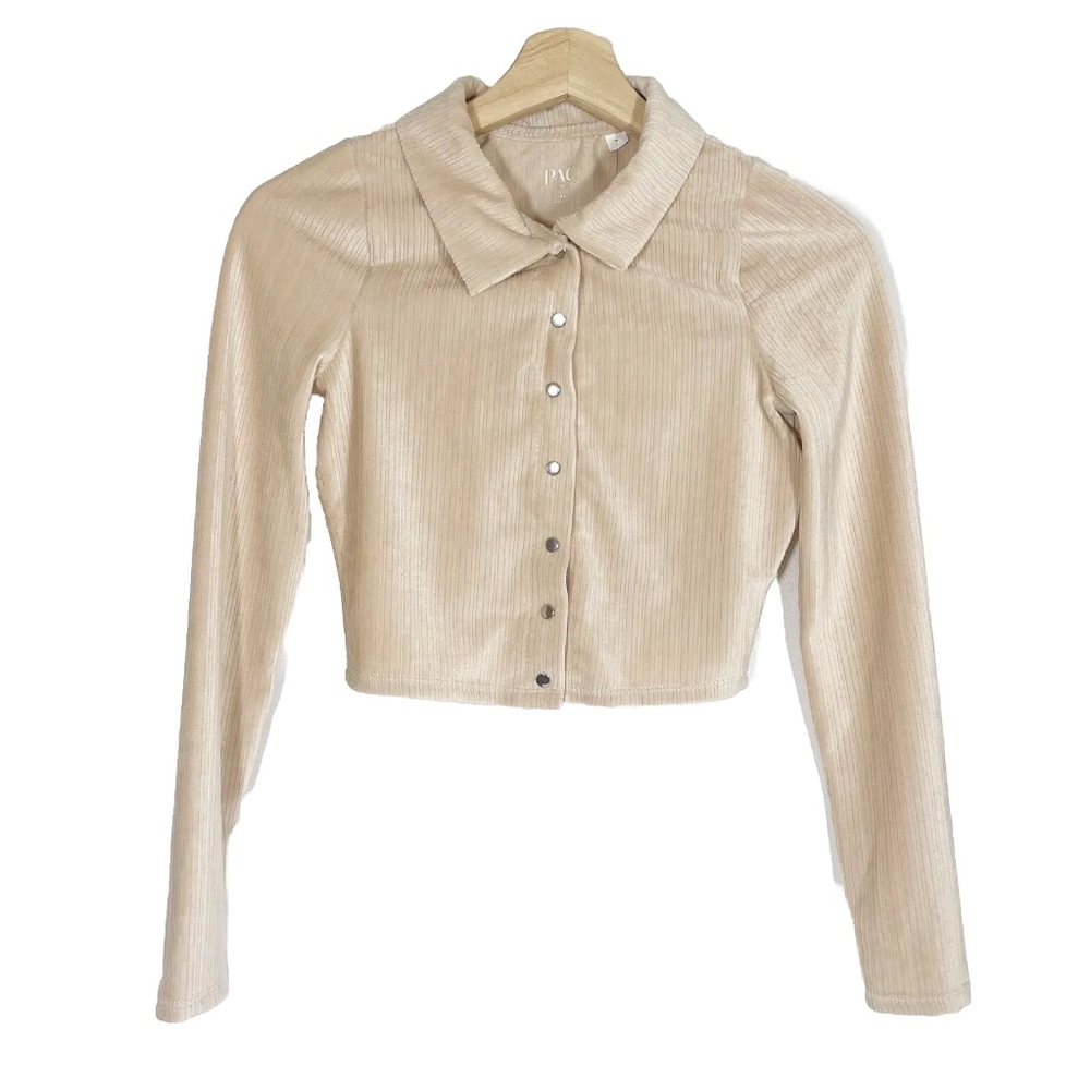 NWT Pacsun Ribbed Velour Cropped Shirt Long Sleeves Beige Sz XS